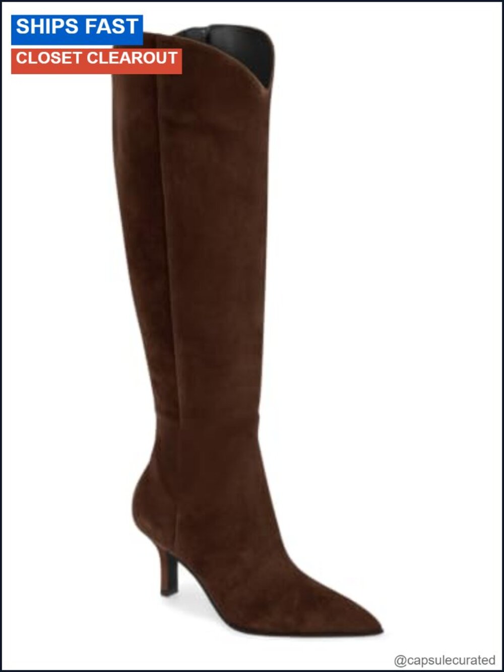 Coutgo Women's Knee High Boots Faux Suede Pointed Toe Kitten Heel Side Zip